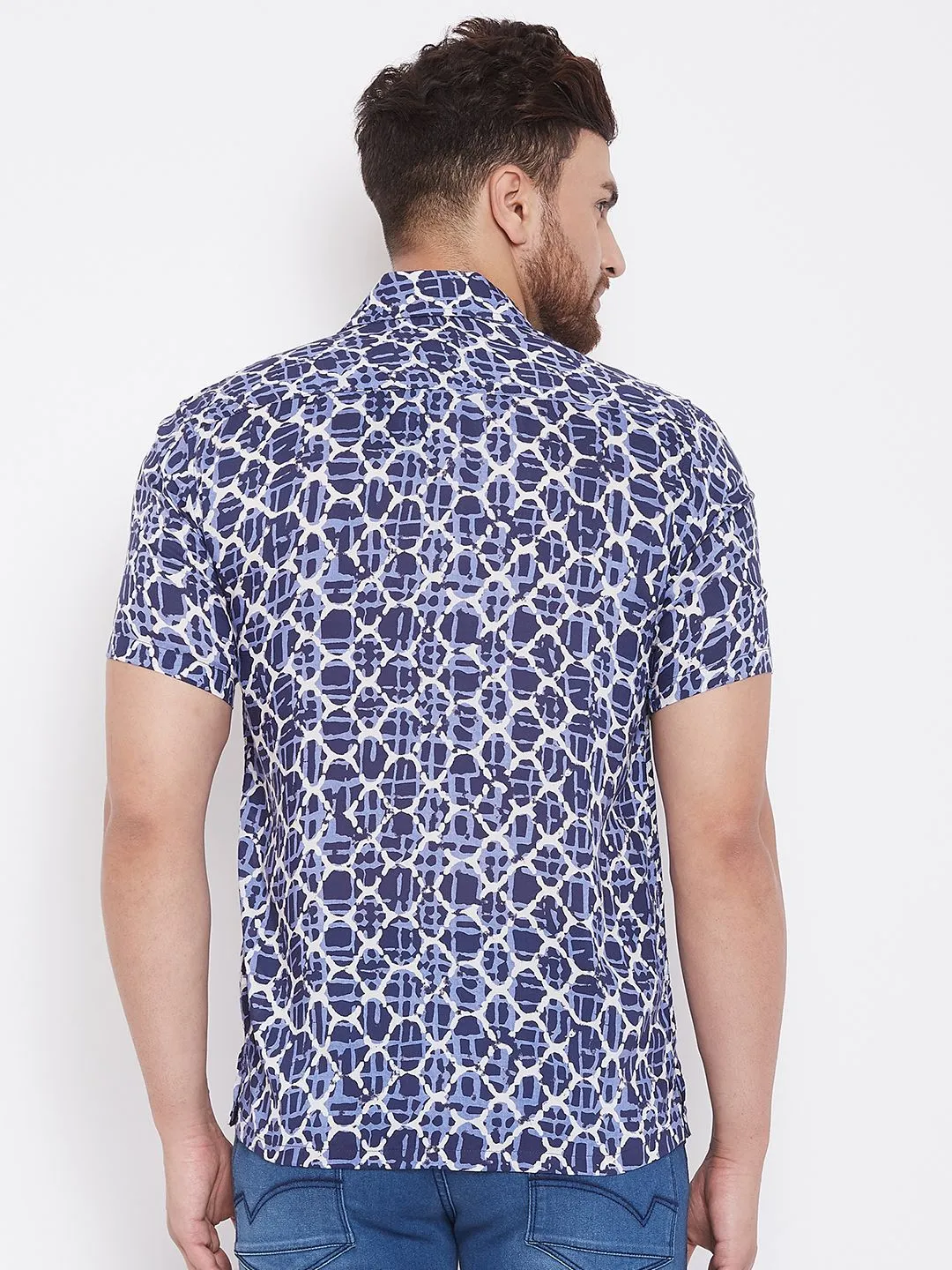Men's Blue and White Cuban Collar Casual Shirt - Even Apparels